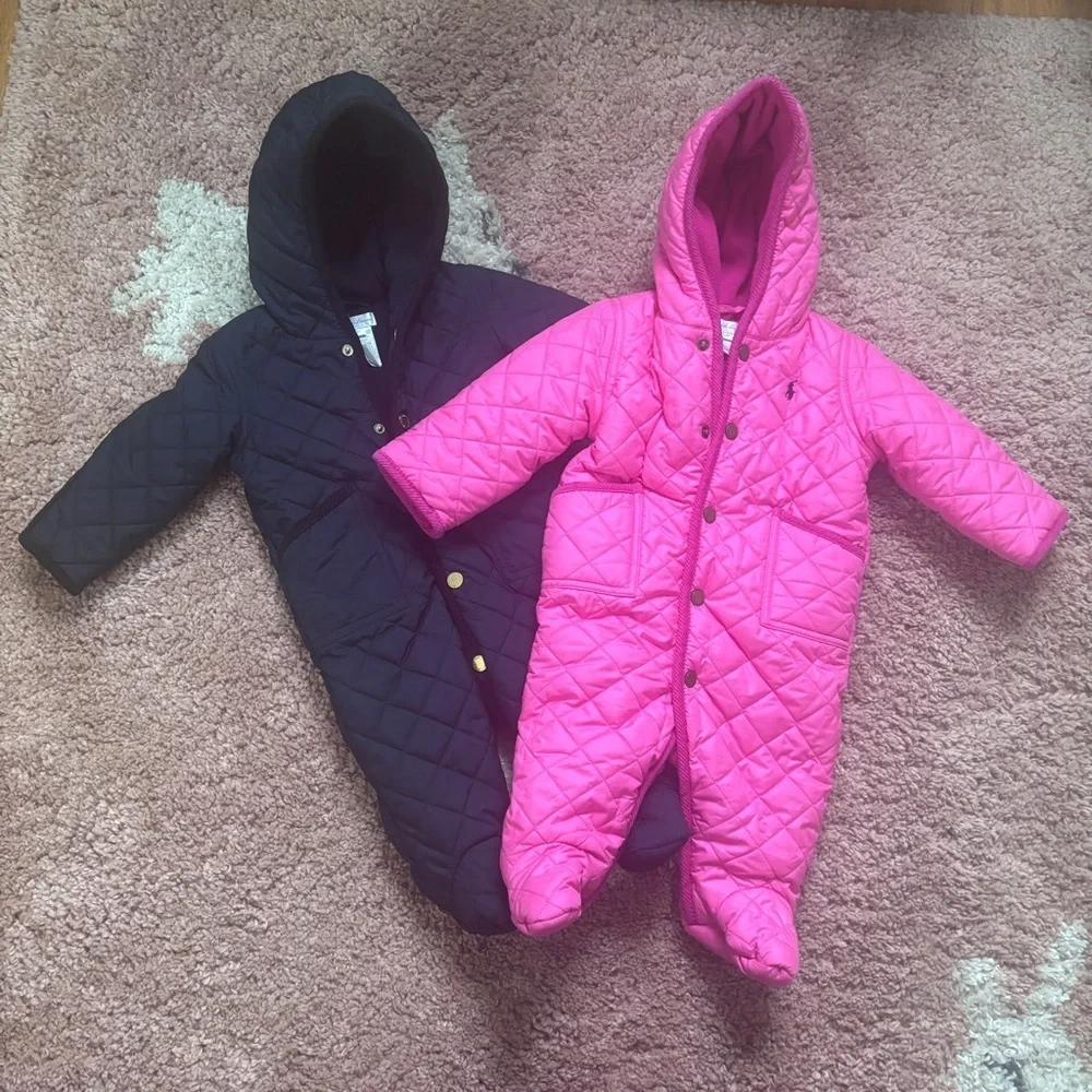 Ralph Lauren Baby Quilted Snowsuit Bunting 6M – Pink & Navy Hooded One Piece